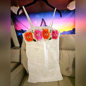 New Mexican Style Linen Floral Embroidered Dress Medium imported Bright colorful